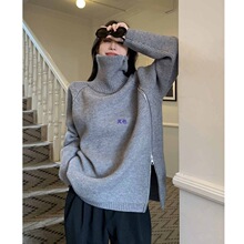 韩版灰色侧拉链高领毛衣女秋冬设计感宽松慵懒风针织内搭上衣加厚