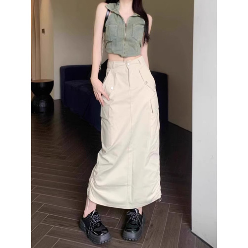 American retro workwork skirt for women's summer new high-waist slimming skirt drawstring split mid-long skirt