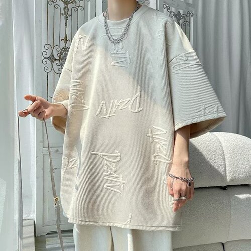 Summer full print letter casual crew neck short sleeve t-shirt for men trendy brand casual heavy weight plus size base shirt white t-shirt