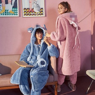 2023 Coral Fleece Couple's Pajamas Winter Nightgown Women's Outwear Home Suit Hooded Men's Pajamas