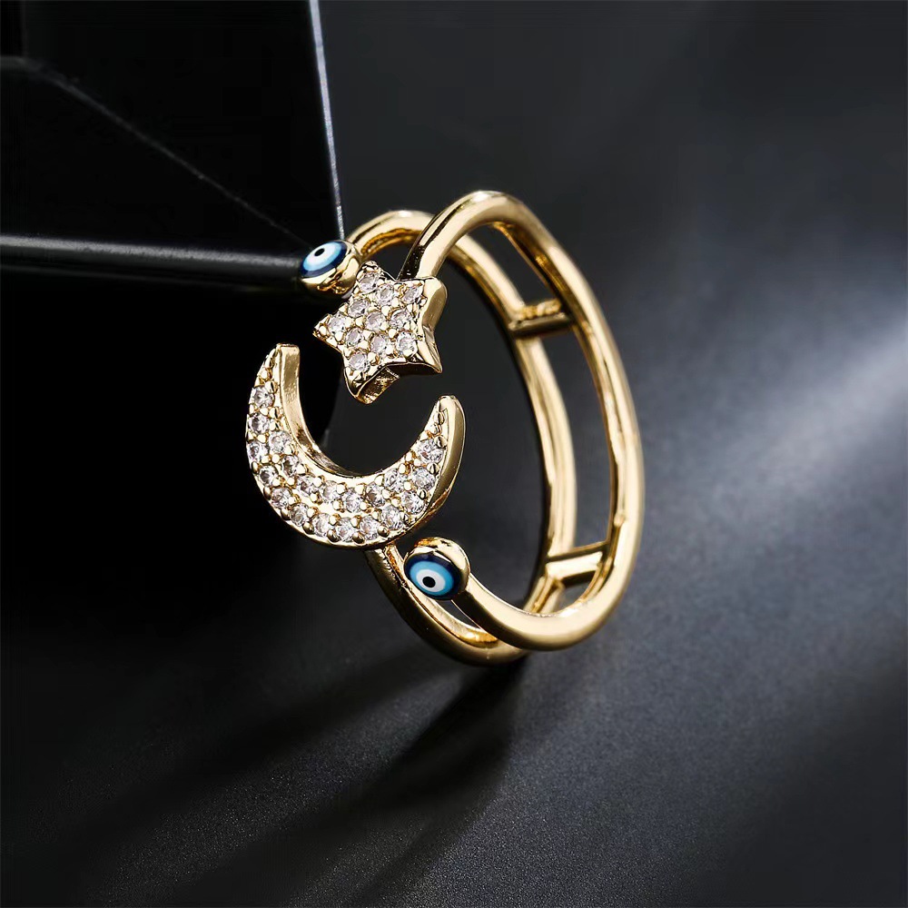 Retro Cool Style Devil's Eye Star Moon Copper Plating Inlay Zircon Open Ring display picture 3