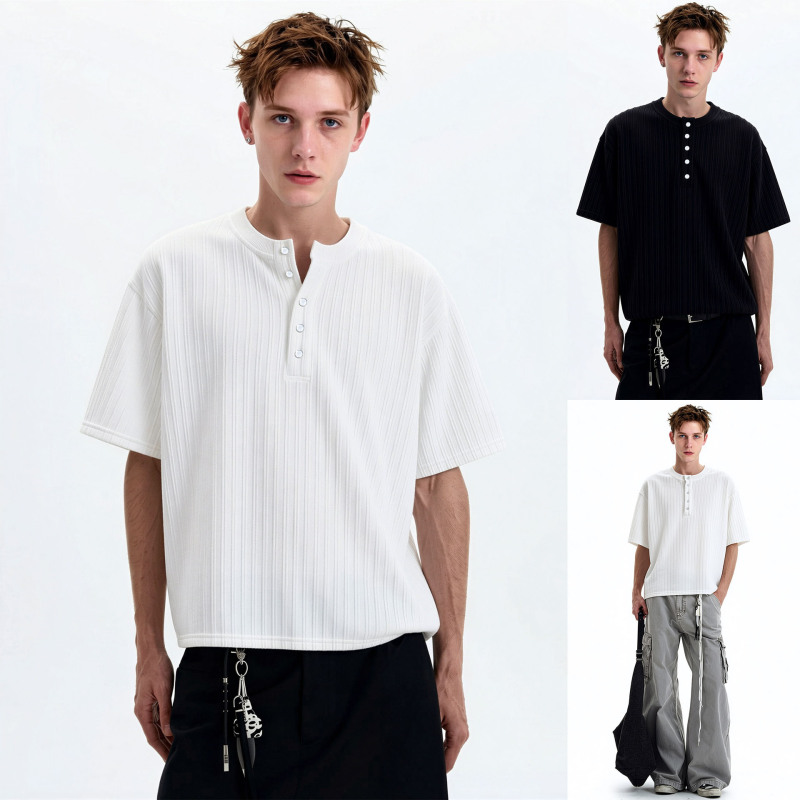 Henry Collar Old Money Style Short-Sleeve T-Shirt for Men with Vertical Stripes, Pearl Button Closure, Ice Silk Texture, Summer Cross-Border Factory Wholesale