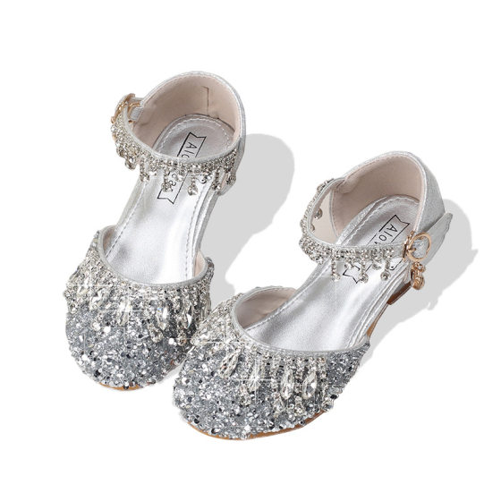 Girls Crystal Shoes Children High Heeled Princess Shoes Girls Dress silver Model Shining Sandals