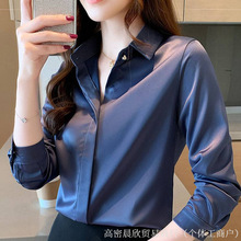 杭州POLO领女长袖春秋装新款仿真丝上衣白色职业装打底衫衬衣女