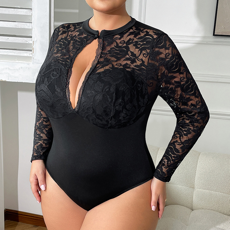 Nuevo encaje transfronterizo de tamaño grande ropa interior europea y americana, perspectiva sexy entrepierna abierta, camiseta hueca, ropa exterior, combinación