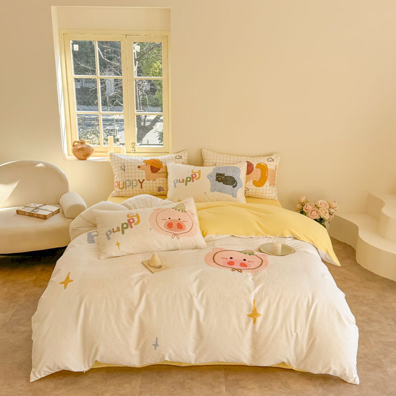 Cartoon Four-Piece Set Pure Cotton Girls' Cotton Quilt Cover Three-Piece Set Cute Embroidered Bedding 60S Long-Staple Cotton