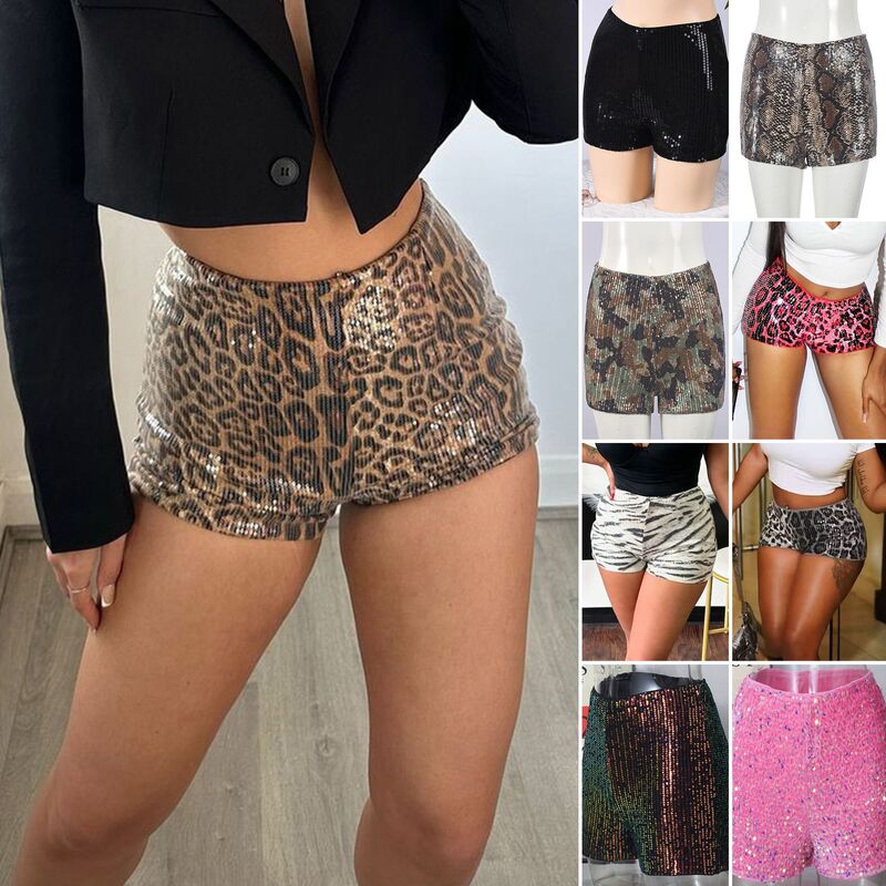 Amazon Cross-Border Sequin Women's Clothing Christmas New Leopard Print Stretch Hot Pants Elastic Waist Casual Shorts