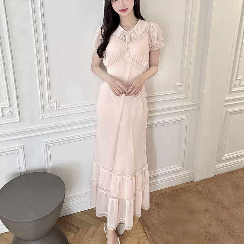 【Yibai】 Versatile Slim-Fit Dress with Chiffon and Lace Patchwork Long Skirt 25202