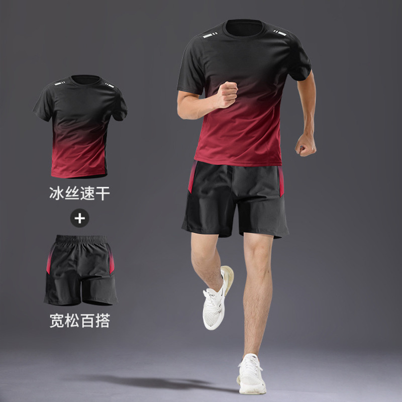 速乾性 Tシャツメンズスポーツスーツルーズアイスシルクランニングスーツカップル夏のアウトドアフィットネススーツ半袖スーツ|undefined