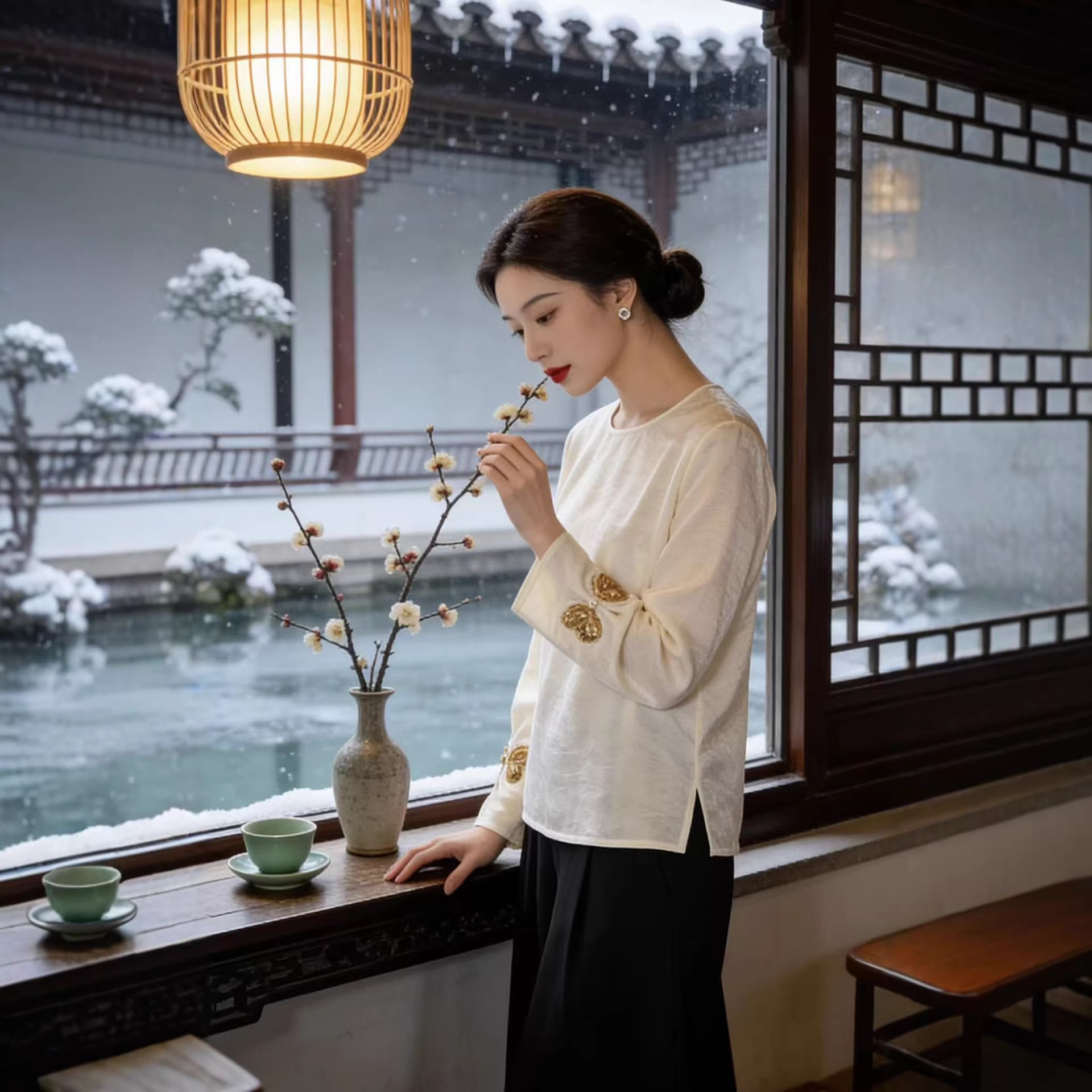 Elegant Chinese Style Jacquard Beaded Top For Women Versatile_voghion.com