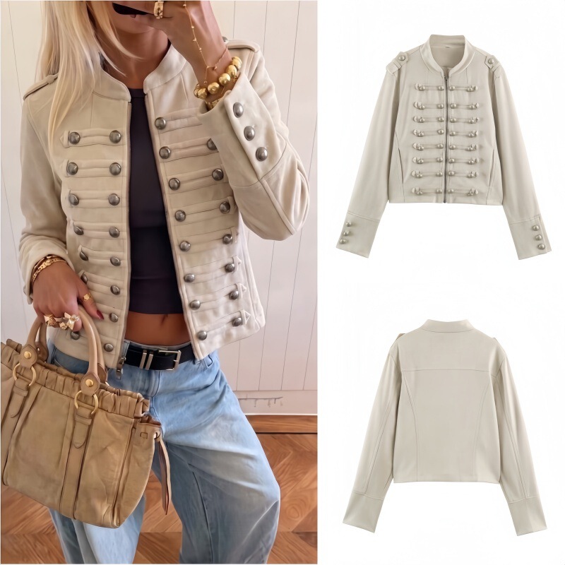 PB&ZA European and American Women's Clothing 2026 Autumn Napoleon Style Textured Metal Double-Breasted Faux Suede Jacket PB&ZA European and American Women's Clothing 2026 Autumn Napoleon Style Textured Metal Double-Breasted Faux Suede Jacket