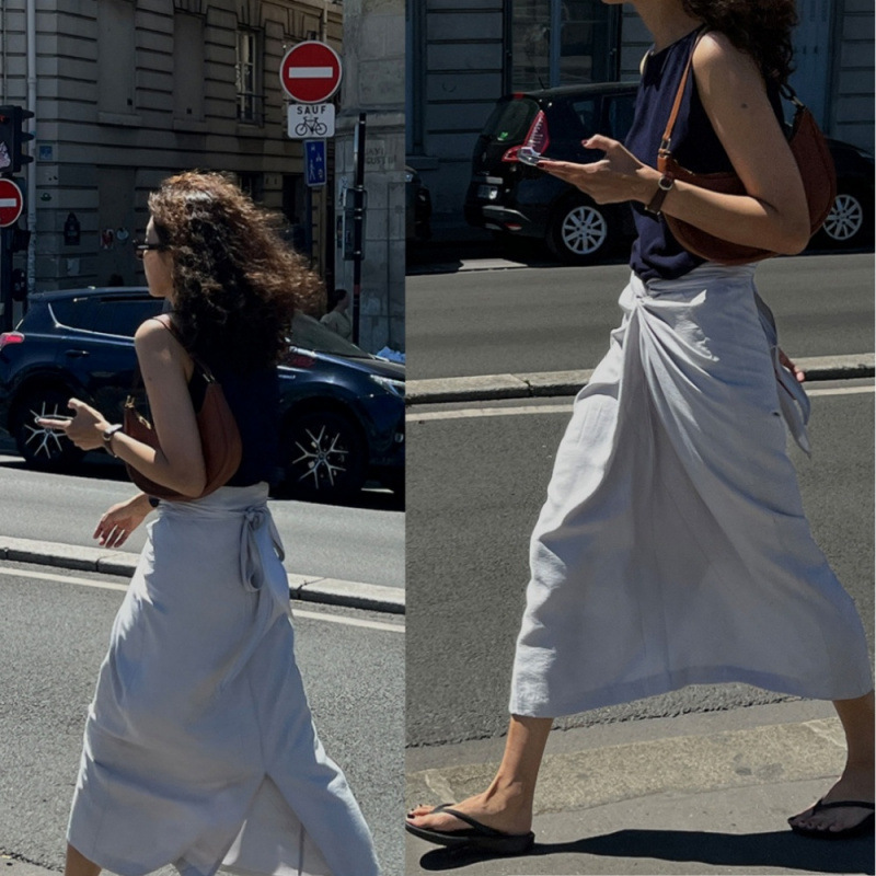 Korean Dongdaemun Chic Niche Designer Style French Retro Elegant Knot-Tie Long Skirt in 2 Colors