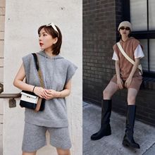【亏清70/130】搭配当红FS羊毛花纱针织无袖连帽坎肩背心短裤套装