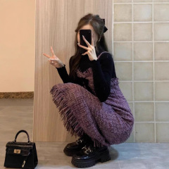 小香风套装女冬季高级感气质长袖上衣吊带连衣裙小个子穿搭一整套