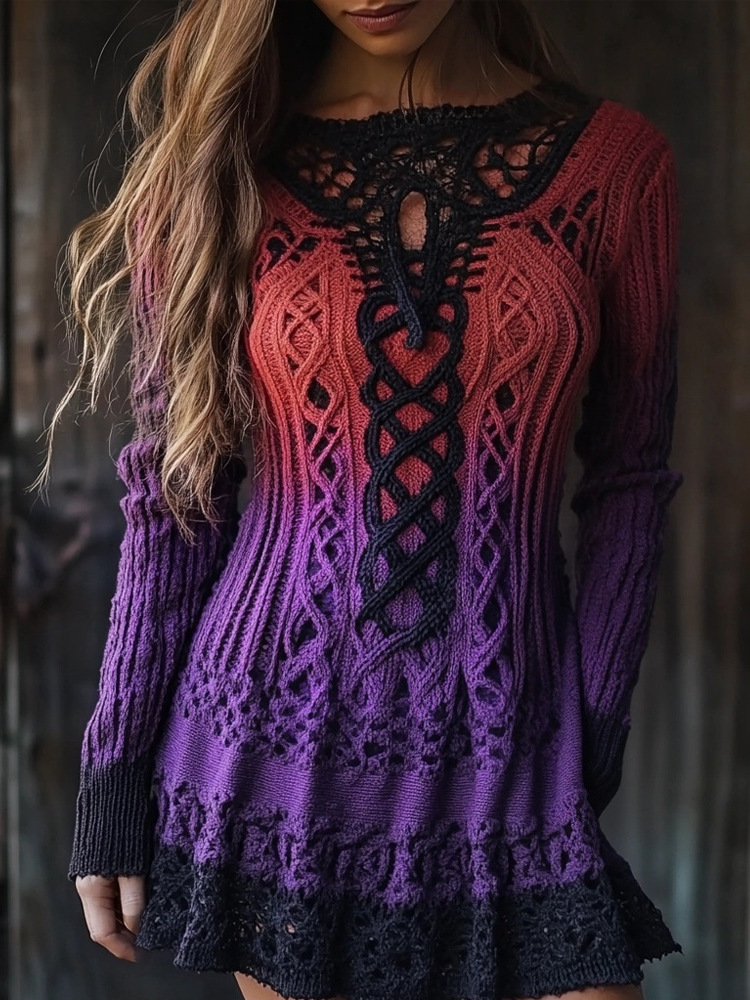 Autumn/Winter High-Neck Dress Sweater With Vintage Braided Sleeves And Long Sleeves For Women_ecoleips.com