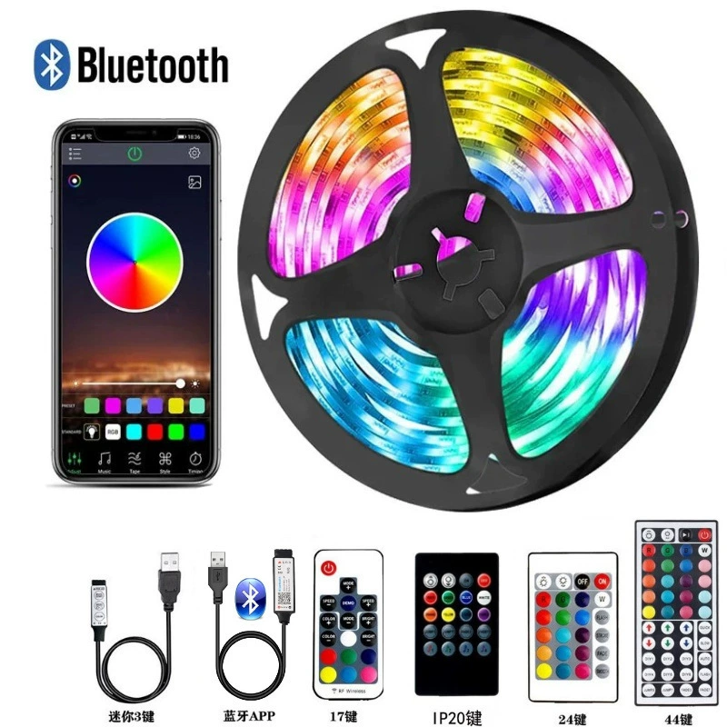 LED-лента RGB 5050, USB 5V низкое напряжение, синхронизация музыкой через Bluetooth, варианты длины/плотности