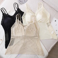 性感蕾絲緞面拼接冰絲吊帶背心固定杯內衣無痕聚攏打底美背女