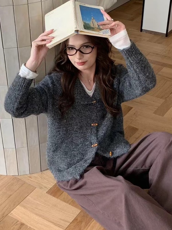 复古杂线花色翻领牛角扣毛衣开衫女秋季新款宽松软糯针织外套上衣|undefined