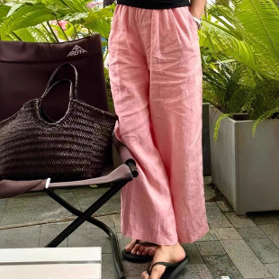 In-Stock 2025 Summer New Korean Style Linen Pink Casual Pants for Women, Comfortable Versatile Elastic Waist Wide-Leg Long Pants
