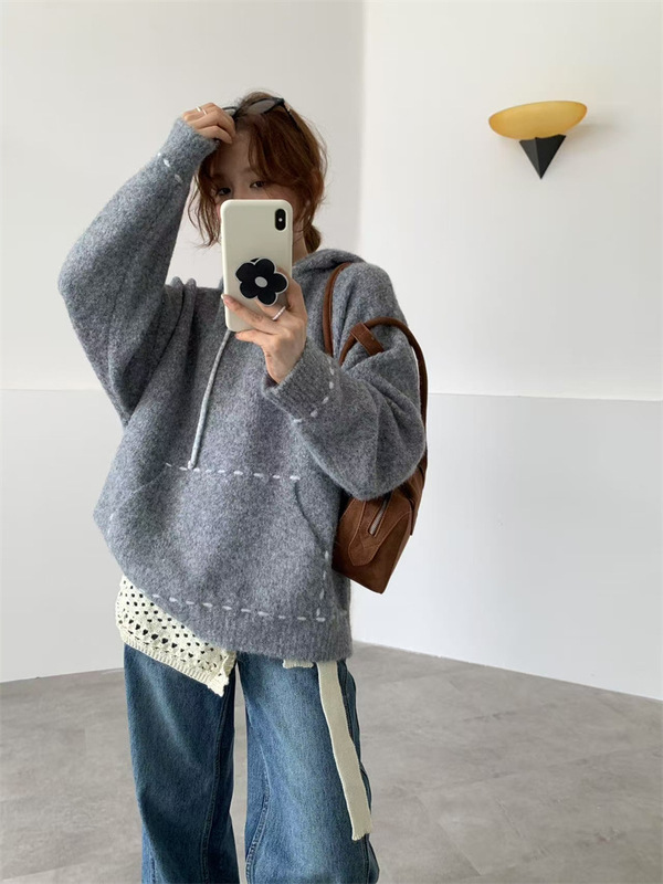 秋冬新款连帽毛衣女2025韩系宽松手工明线口袋小众慵懒风针织上衣|undefined