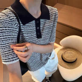 夏季新款肌理感撞色POLO领冰丝针织衫女撞色条纹女装打底小衫潮