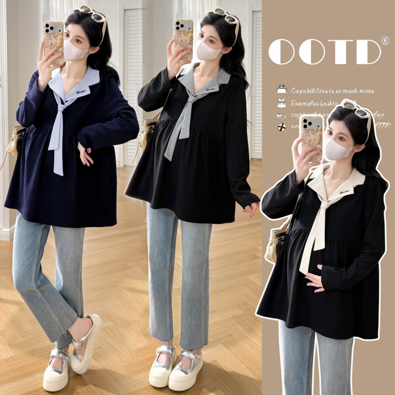 Maternity clothing for autumn, loose casual suit collar embroidered patchwork babydoll shirt, Korean style long-sleeve versatile maternity top for women