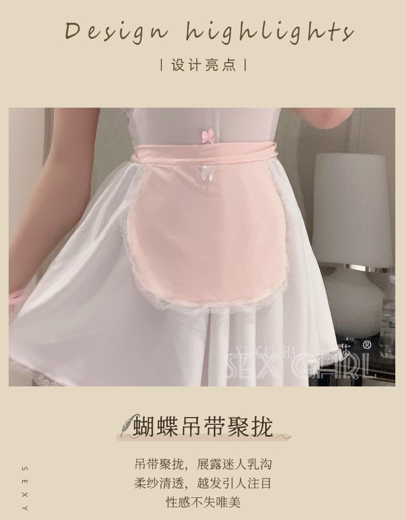 Kitten Maid Roleplay Lingerie Set with Apron, Thong, Cuffs and Open-crotch Stockings — detail image 7