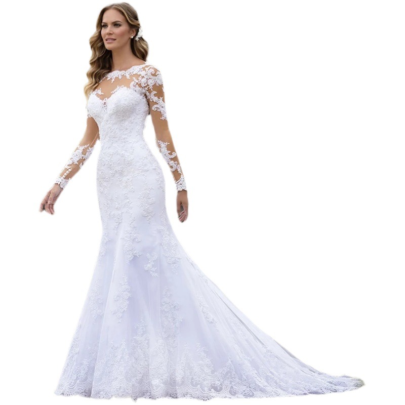 Vestido de novia de sirena ajustado de estilo europeo, blanco, sexy, con hombros descubiertos, manga larga, espalda descubierta y cola, estilo 2025.