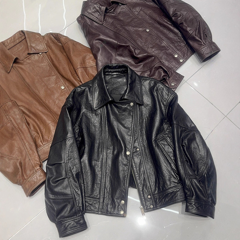 Genuine Leather Oil Wax 2025 Autumn and Winter New Motorcycle Sheepskin Leather Jacket with Crackle Pattern Fashion Top Flight Jacket Genuine Leather Oil Wax 2025 Autumn and Winter New Motorcycle Sheepskin Leather Jacket with Crackle Pattern Fashion Top Flight Jacket