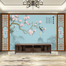 仿真石膏线条格子壁纸中式花鸟护墙板客厅直播网红电视背景墙壁画