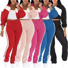 AL333亚马逊跨境欧美女装运动休闲拼接套装长袖拉链外套两件套