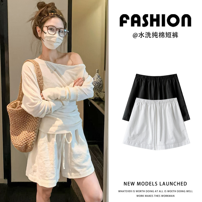 White Ice Silk Linen Shorts Women's Summer High-Waisted A-Line Loose Wide-Leg Casual Style Linen Sports Pants