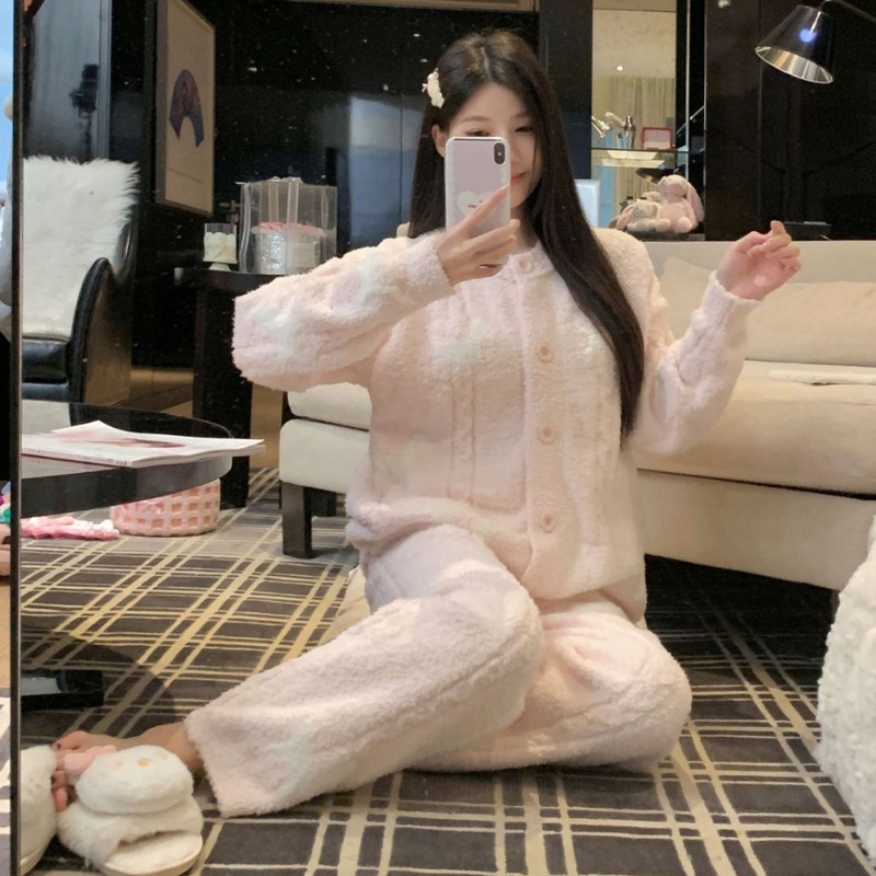 秋冬新款学院风家居服小狗绞花半边绒提花圆领长袖针织睡衣厚款|undefined