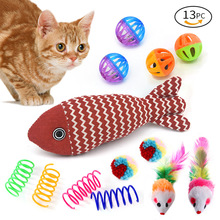 跨境2024热销宠物猫玩具铃铛球羽毛老鼠麻布鱼PP棉猫玩具13件套装