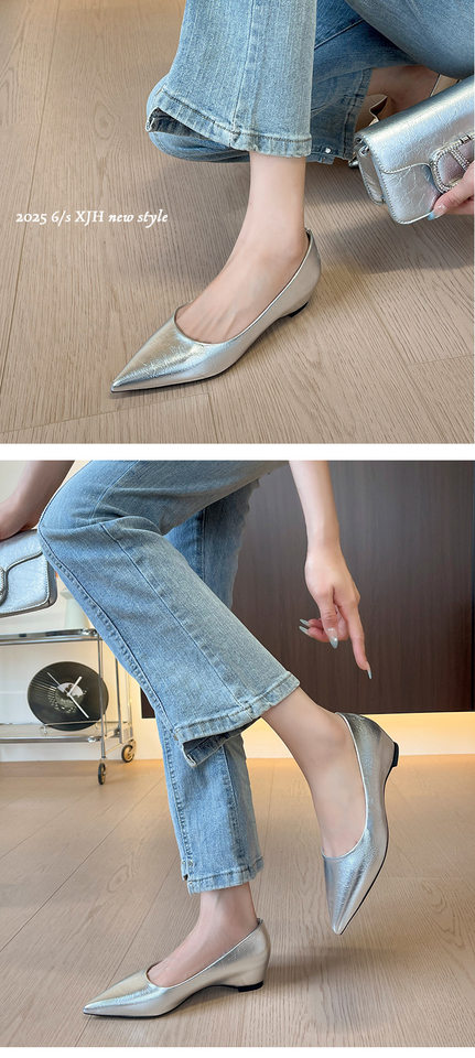 Giày cao gót nữ mũi nhọn tăng chiều cao bên trong, gót dốc 3 cm, da mềm, phối đồ công sở — Màu bạc, Màu mơ, Màu vàng nhạt chi tiết 14