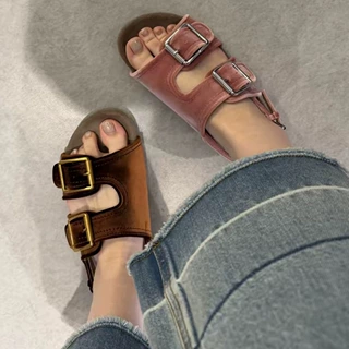 羊皮版~厚底露趾勃肯凉鞋女款夏季后绊带平底丝绒休闲度假沙滩鞋