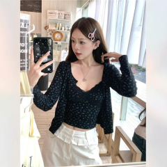 甜辣妹套装黑色碎花长袖开衫短款小外套女秋季吊带背心韩系两件套