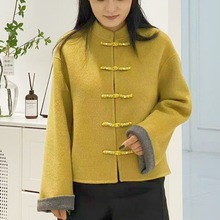 现货新中式双面呢外套女2025秋季国风盘扣粉色短羊毛呢子上衣批发
