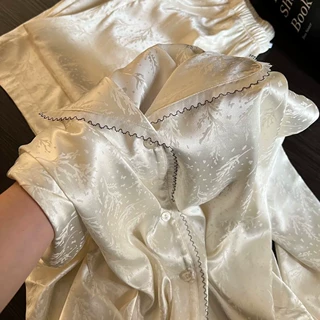 【现货】轻奢蕾丝花边冰丝睡衣女夏季薄款凉感长袖长裤家居服套装
