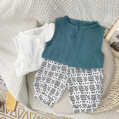 Literary cotton gauze vest set ~ Korean children's baby bamboo cotton loose casual bloomers vest two-piece set