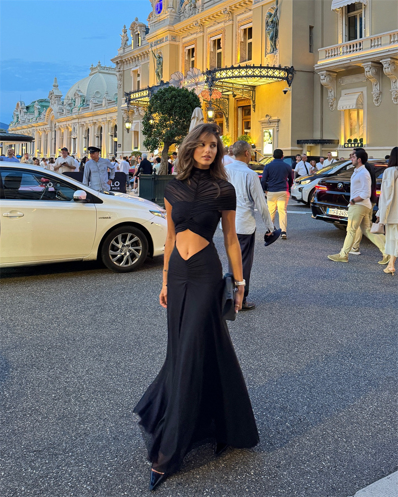Women's Sexy Hollow Out Short Sleeve Mock Neck Ruched High Waist Floor Length Maxi Dress – Trendy Club Gown_ecoleips.com