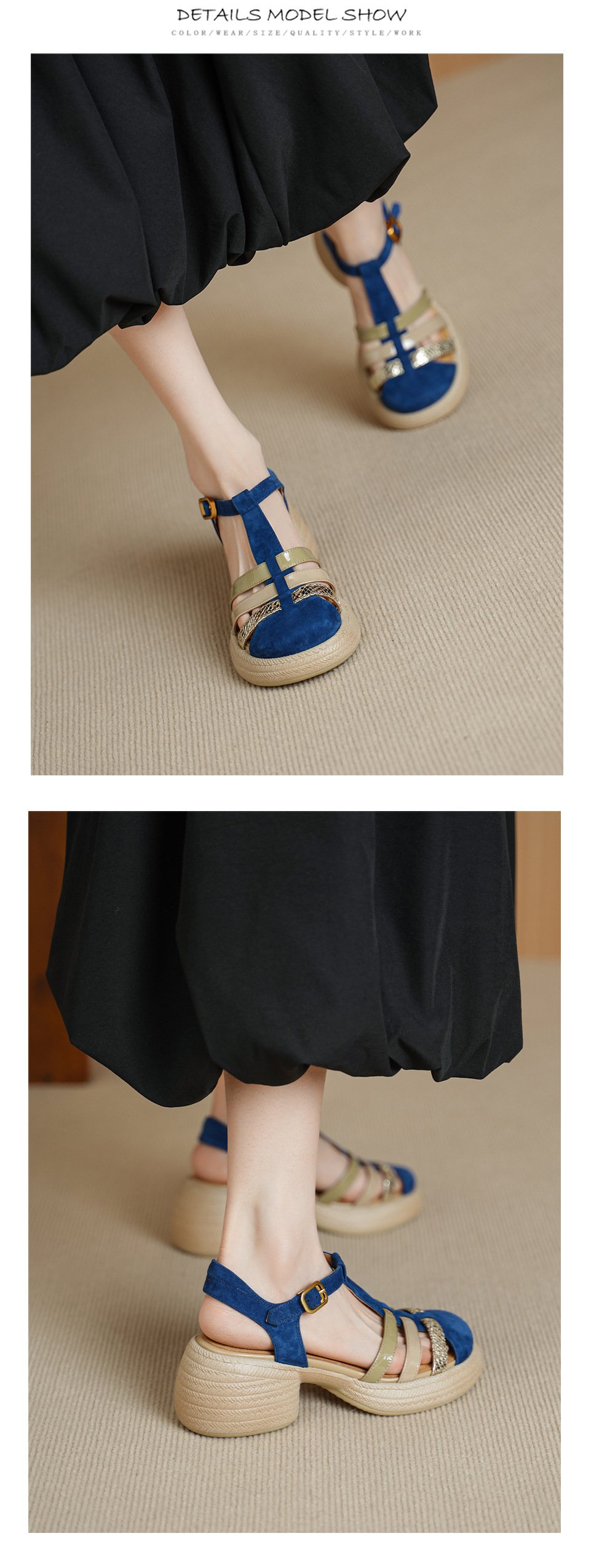 Sandal nữ quai chữ T đan dây đế dày gót thô 6.5cm phong cách La Mã — Màu xanh da trời chi tiết 10
