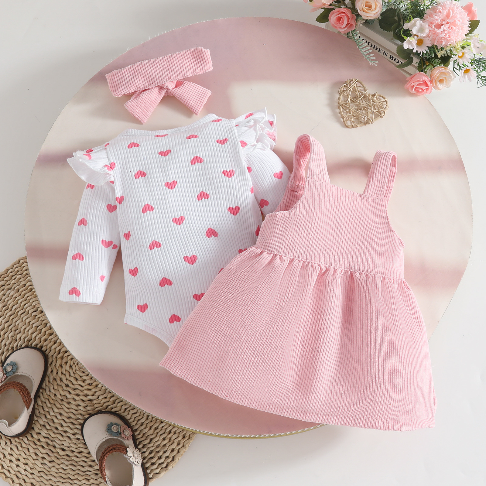 Set de ropa para bebés niñas estilo europeo y americano camisa de manga larga + vestido con cinturón de terciopelo + diadema
