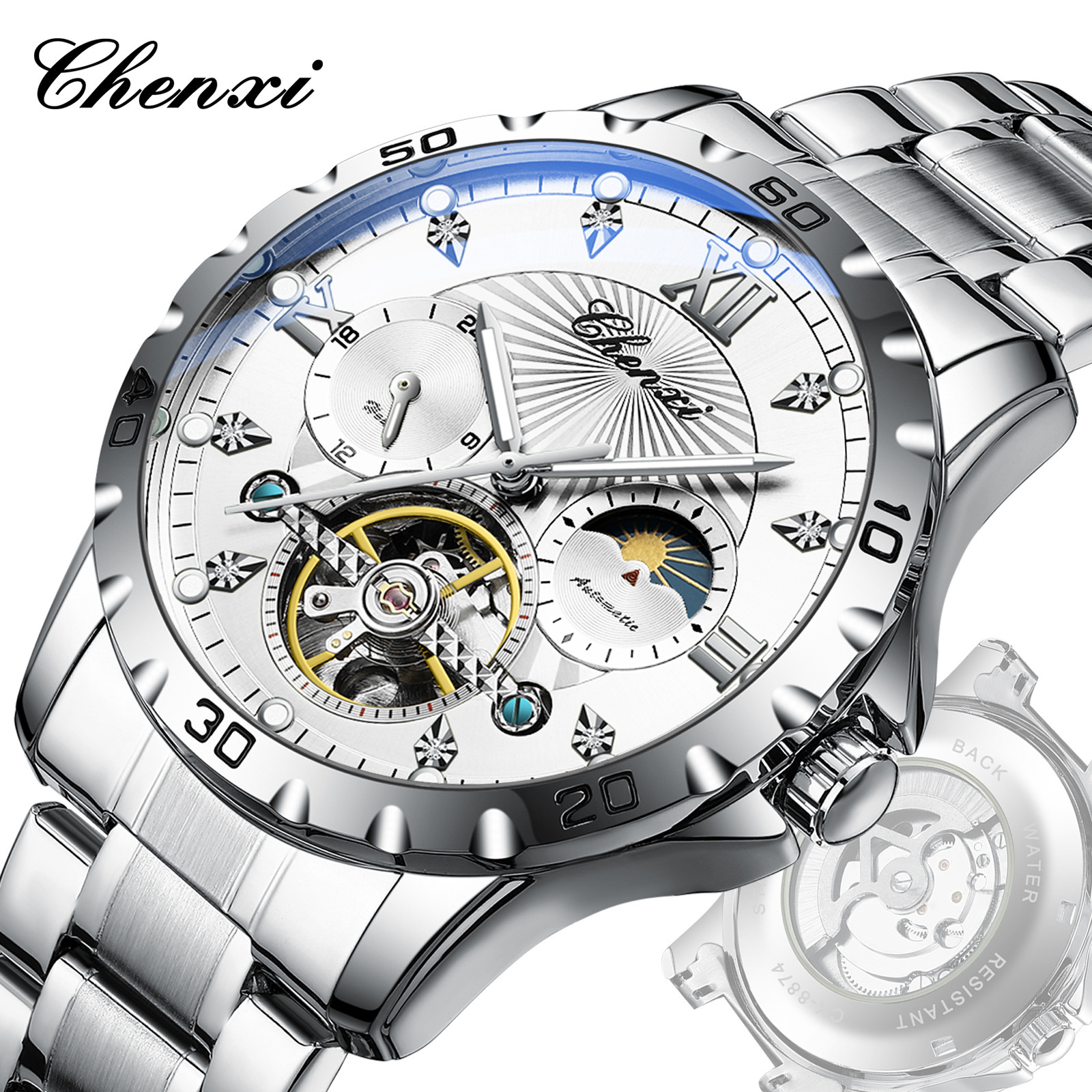 Chenxi Morning Light Hollow Men's Watch Fully Automatic Mechanical Watch High-End Business Luminous Waterproof Flywheel Men's Watch