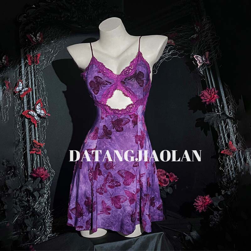 Sexy Lingerie New Style Purple Floral Camisole Deep V-Neck Nightgown Lace Tie Waist Large Open Back Pure Desire Sleepwear for Women