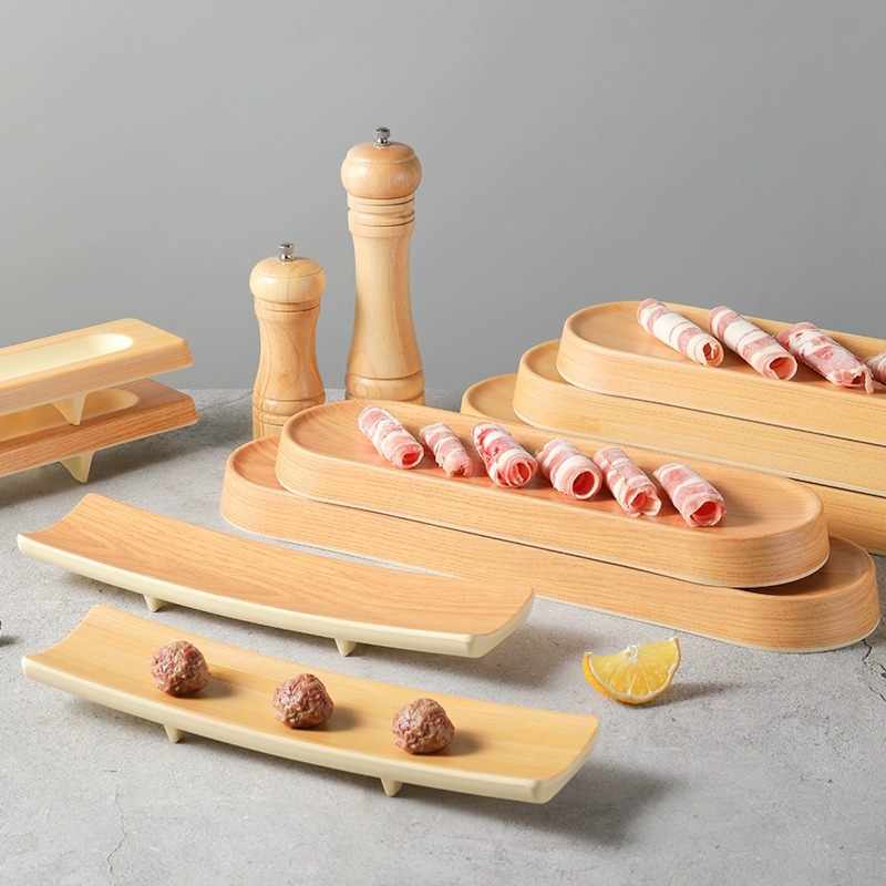 Vajilla de melamina Plato largo Plato de concepción artística creativa Olla caliente especial Camarones Deslizantes Fat Carne de res Bolas de cordero Plato de sushi Comercial