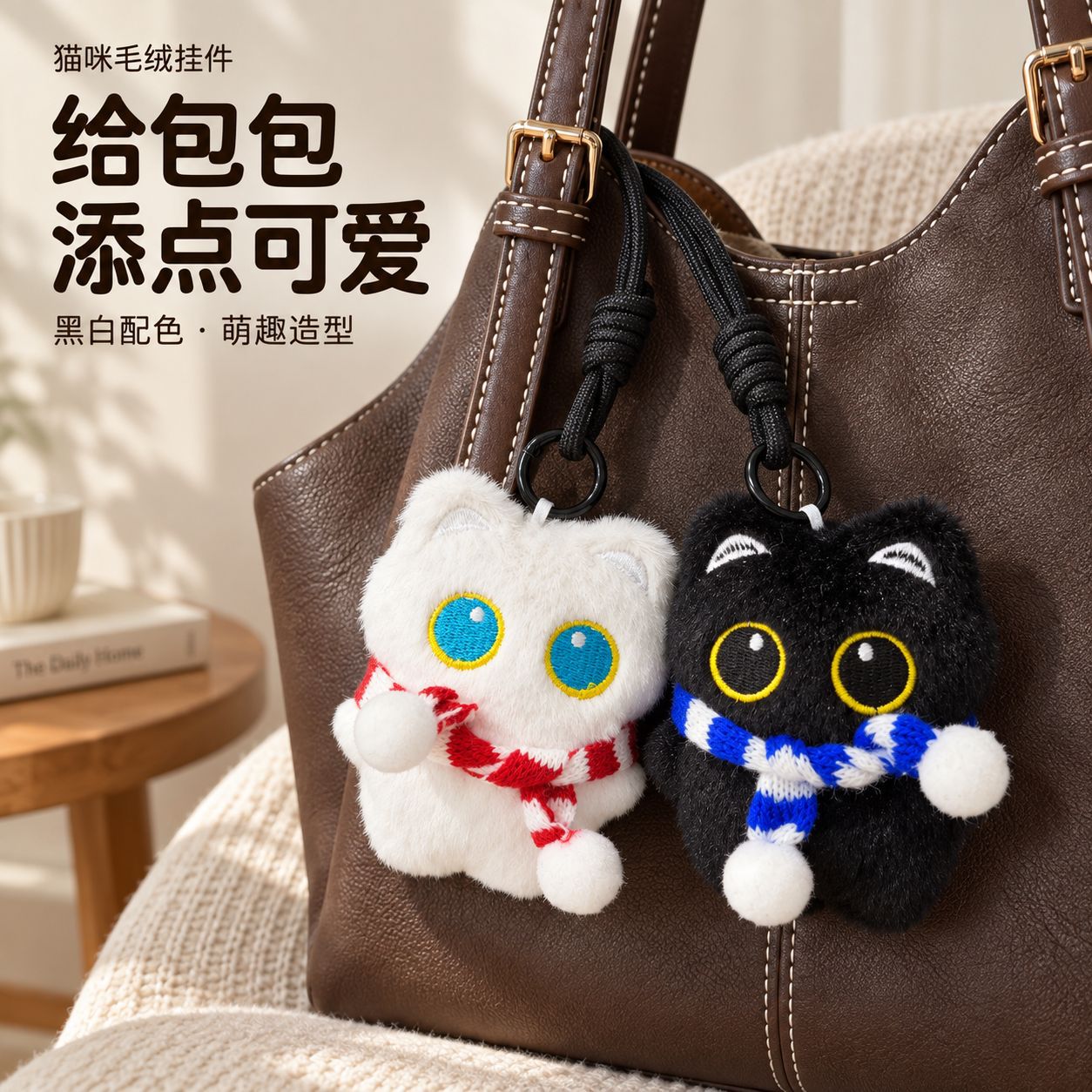Cute and Adorable Big-Eyed Black Cat with a Small Fish Plush Toy Keychain, Black Cat Couple Bag Pendant