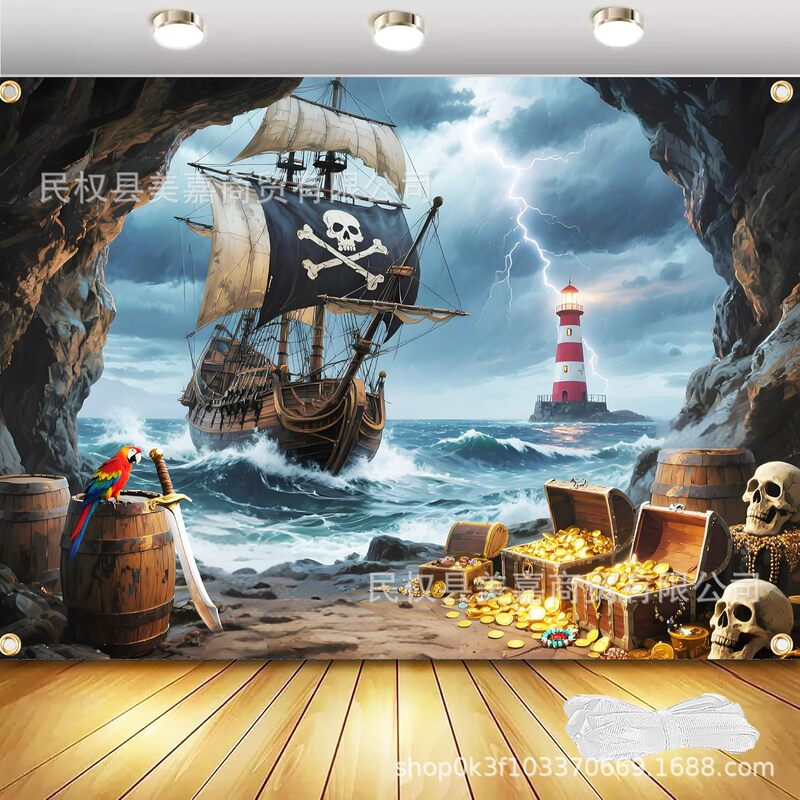 Temu Hot Selling Pirate Ship Theme Photography Background Cloth Adventure Party Layout Atmosphere Photo Decoration Banner Props