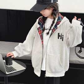 女童外套2025春秋新款格子韩版连帽卫衣中大童洋气儿童拉链开衫秋