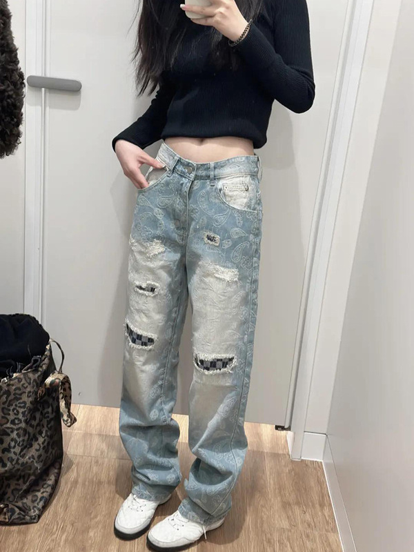 カシューフラワーフルプリントパッチリップドジーンズメンズトレンディブランドハンサムストリートパンツクリーンフィットナローバージョンストレートパンツ|undefined